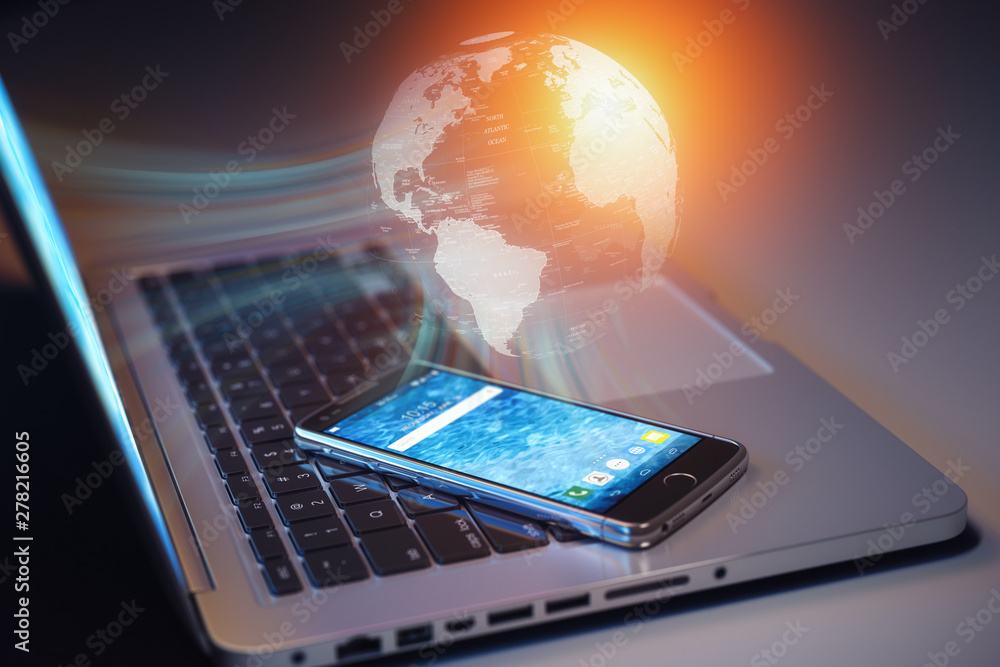 Aufkleber global communication, internet connection and network concept. laptop amd smartphone connected to gl