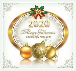 Fototapeta na wymiar New Year 2020 background golden oval with snowflakes and Christmas decoration. Vector illustration