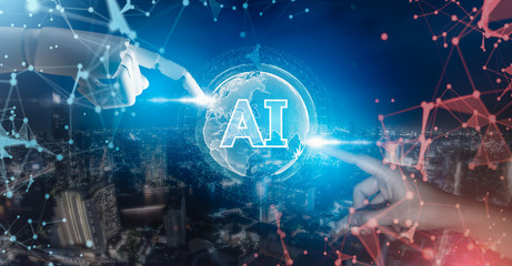 Artificial intelligence , Robot finger,Big data, robotic future technology and business concept.Robot finger and human hand on blurred background using digital artificial intelligence interface.