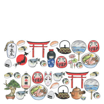 Japanese icons. Asian drawings collection. Asia culture symbols bundle. Chinese sketches. China. Japan. Oriental images.