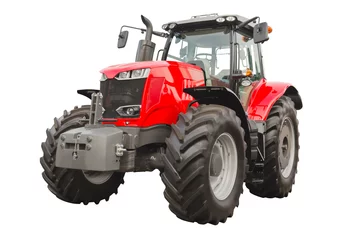 Fotobehang Tractor Grote rode landbouwtrekker geïsoleerd op een witte achtergrond