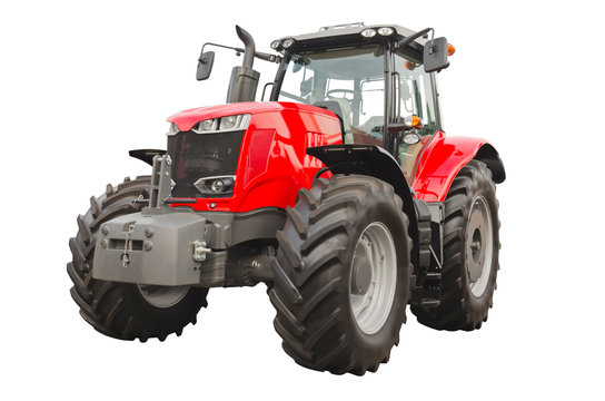 Big red agricultural tractor isolated on a white background