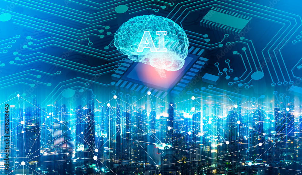 Poster ai(artificial intelligence) digital hologram and internet of things on city background.double exposu