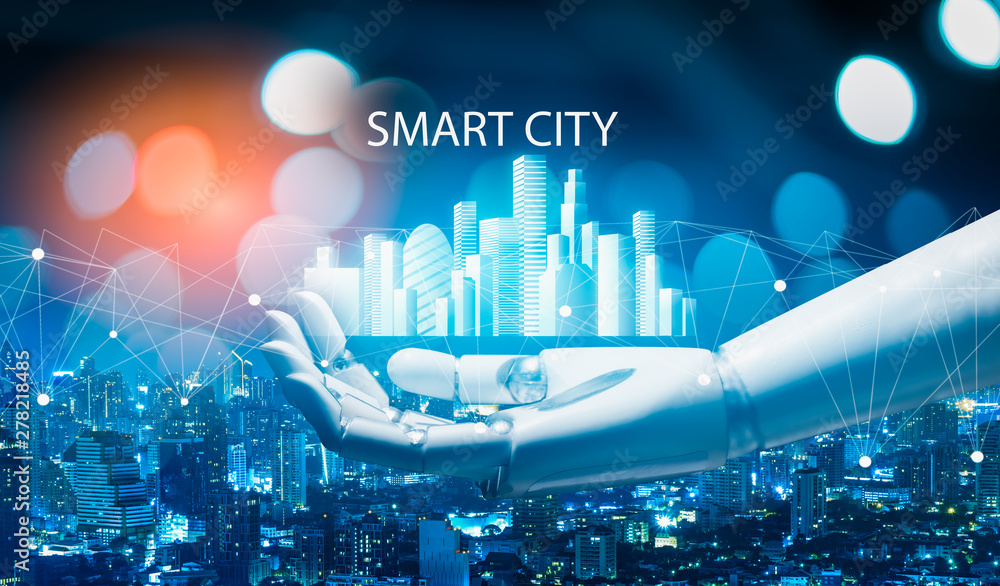Poster robot android hand holding icon ai(artificial intelligence) and iot (internet of things) concept.sma