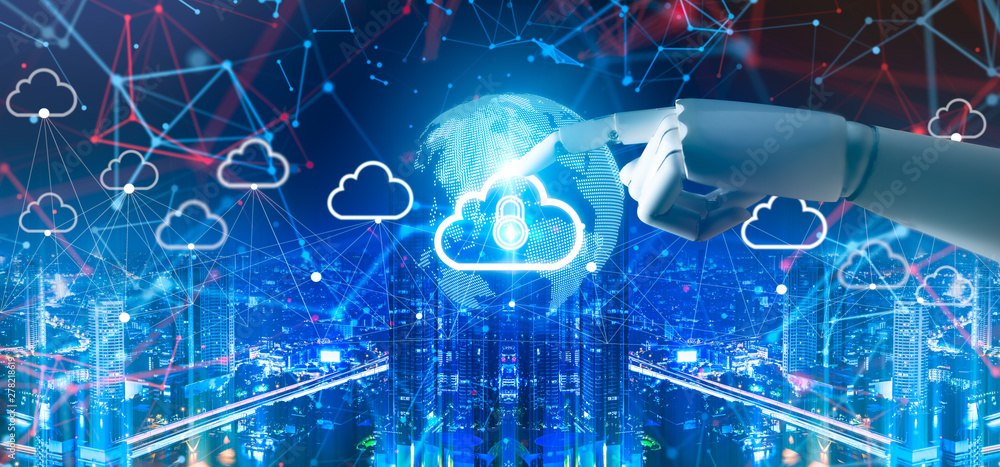 Poster cloud storage with robot hand blue abstract futuristic ai digital technology network hologram and ci