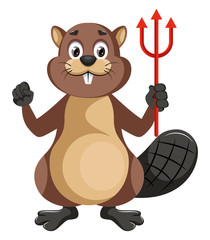 Beaver with devil spear, illustration, vector on white background.