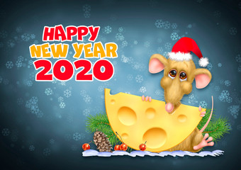 Cute rat in a red Santa Claus hat. Year of the rat. Greeting card with New Year 2020! Rat and cheese
