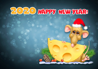 Cute rat in a red Santa Claus hat. Year of the rat. Greeting card with New Year 2020! Rat and cheese