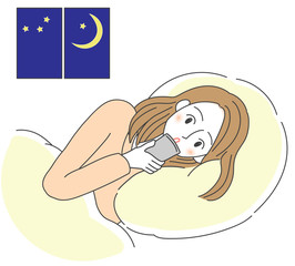 寝る前にスマートフォンを使う女性のイラスト