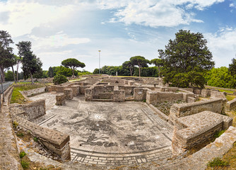 Awesome panoramic view in the Roman empire excavation ruins at Ostia Antica with the beautiful...