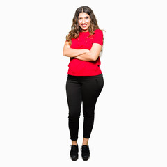 Young beautiful woman wearing casual t-shirt happy face smiling with crossed arms looking at the camera. Positive person.