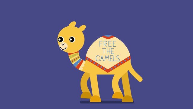 Walk cycle of a baby camel protesting with a sign on hump. 2D animation made in 4K, loopable clip with alpha channel. Copy space
