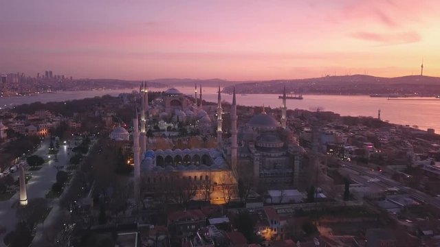 Istanbul Blue Mosque Sunrise Aerial. Sultanahmet Camii most famous as Blue Mosque in Turkey. Istanbul City the beautiful, one of the best way to discover it is through its wonderful panoramic view