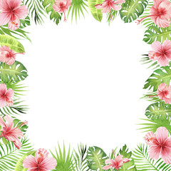Fototapeta na wymiar watercolor border frame green tropical leaves and flowers