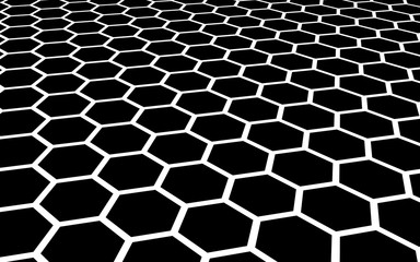 White honeycomb on a black background. Perspective view on polygon look like honeycomb. Isometric geometry. 3D illustration