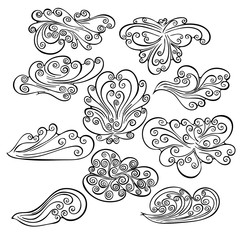 Set of abstract clouds and a breath of wind. Vector illustration.