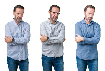 Collage of handsome senior business man over white isolated background skeptic and nervous, disapproving expression on face with crossed arms. Negative person.