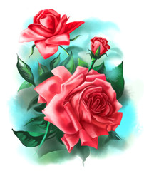 Bush of beautiful red roses with green leaves. Digital illustration.