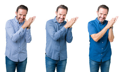 Collage of handsome senior man over white isolated background Clapping and applauding happy and joyful, smiling proud hands together