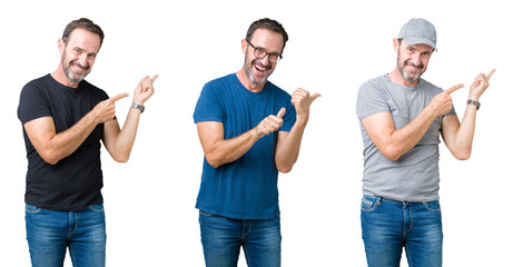 Collage of handsome senior man over white isolated background Pointing to the back behind with hand and thumbs up, smiling confident