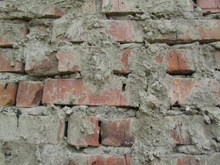 Old brick wall close-up.  Old brick texture.  Red grunge stone background. Sloppy brickwork. Masonry detail.