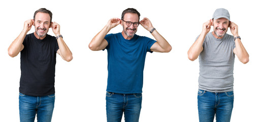 Collage of handsome senior man over white isolated background Smiling pulling ears with fingers, funny gesture. Audition problem