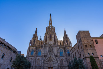 The Cathedral of Barcelona, detail of the main facade in typical gothic style with stone friezes and gargoyles. Barri Gotic, Barcelona