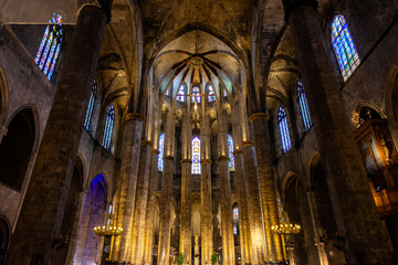 Interior of Santa Maria del Mar Basilica in typical Catalan Gothic style with pointed arches, high...