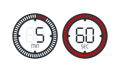 Stopwatch digital countdown timer with minutes and seconds vector display. Isolated black and red on white background