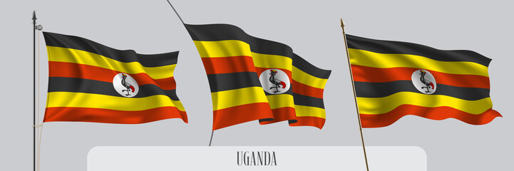 Set of Uganda waving flag on isolated background vector illustration