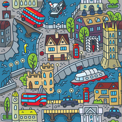 London. City seamless pattern Roads, houses, river