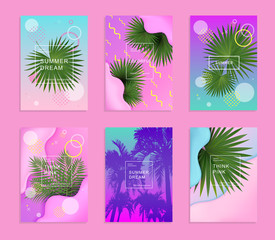 Summer vertical set of backgrounds in geometrical futuristic bright style. Colorful banner template with realistic green tropical palm leaves illustration. Vector, eps 10 - 278228016