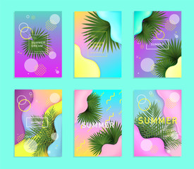 Fototapeta na wymiar Summer vertical set of backgrounds in geometrical futuristic bright style. Colorful banner template with realistic green tropical palm leaves illustration. Vector, eps 10