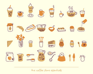 Coffee store essential elements with warm colors in light background. Brunch, teatime, breakfast, bakery and restaurant hand drawn icons for backgrounds, vector graphics, web design, menus