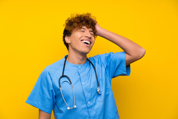 Naklejka premium Surgeon doctor african american man laughing