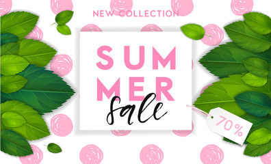 Summer horizontal background in geometrical bright style. Colorful banner template with realistic green leaves illustration. Vector, eps 10 - 278228413