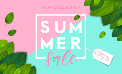 Summer horizontal background in geometrical bright style. Colorful banner template with realistic green leaves illustration. Vector, eps 10 - 278228480