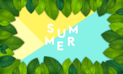 Summer horizontal background in geometrical bright style. Colorful banner template with realistic green leaves illustration. Vector, eps 10