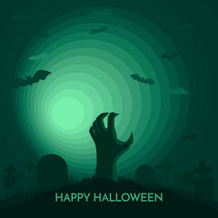 Haunted Happy Halloween vector banner with dead hand on cemetery in full moon light.