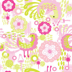 Colorful Abstract Birds with Lovely Fun Flowers Seamless Repeat