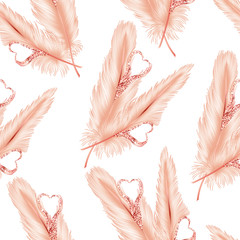 Seamless pattern with feathers-hearts. Vector illustration. 