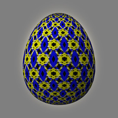 Happy Easter - Frohe Ostern, Artfully designed and colorful easter egg, 3D illustration on grey background