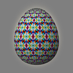 Happy Easter - Frohe Ostern, Artfully designed and colorful easter egg, 3D illustration on grey background
