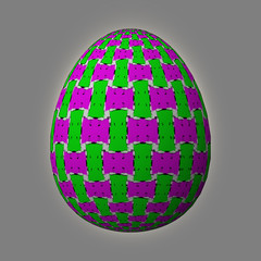 Happy Easter - Frohe Ostern, Artfully designed and colorful easter egg, 3D illustration on grey background