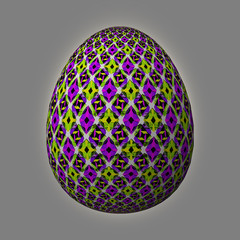 Happy Easter - Frohe Ostern, Artfully designed and colorful easter egg, 3D illustration on grey background