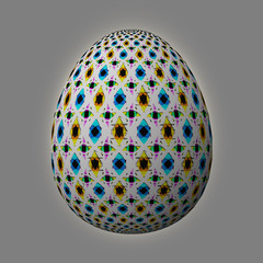 Happy Easter - Frohe Ostern, Artfully designed and colorful easter egg, 3D illustration on grey background