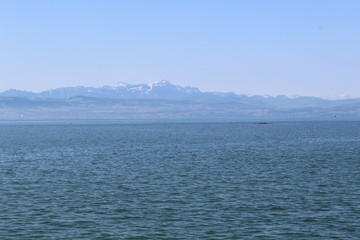 View over Lake Constance on the snow peaks of the Alps on a very clear day