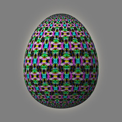 Happy Easter - Frohe Ostern, Artfully designed and colorful easter egg, 3D illustration on grey background