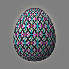 Happy Easter - Frohe Ostern, Artfully designed and colorful easter egg, 3D illustration on grey background