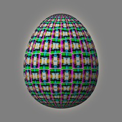 Happy Easter - Frohe Ostern, Artfully designed and colorful easter egg, 3D illustration on grey background